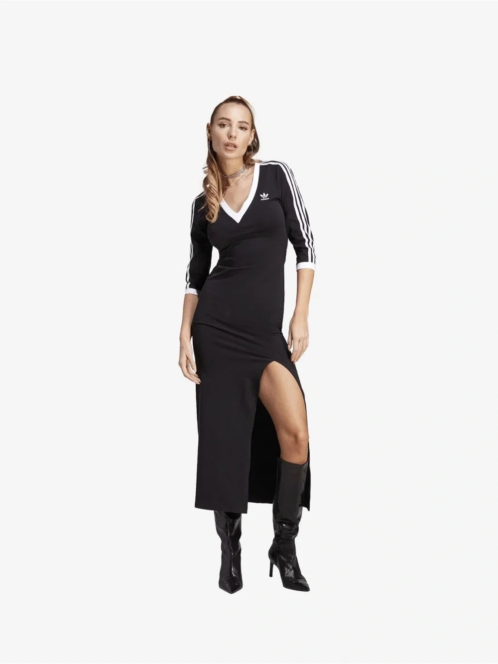 adidas Black V-Neck Maxi Dress with White Stripe Detail - Picture 2 of 7